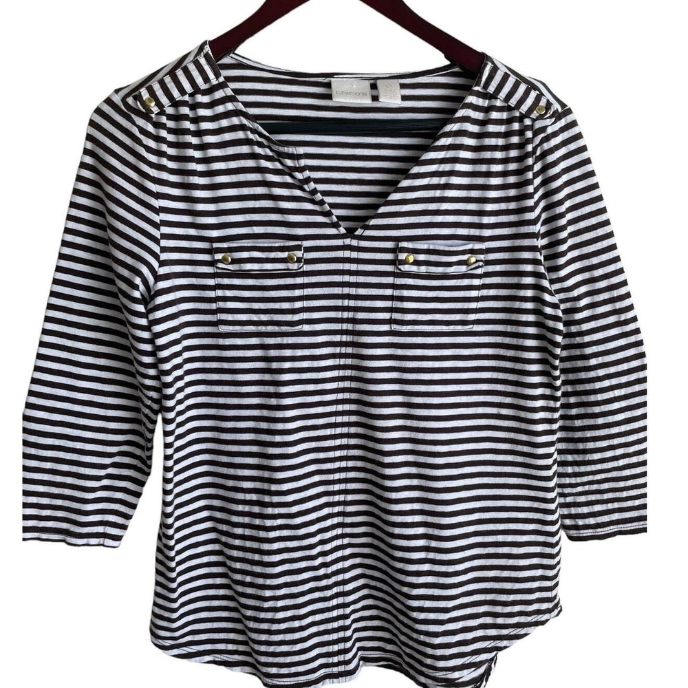 Chicos Women Nautical Coastal Striped Shirt S Black 3/4 Sleeve Gold Buttons